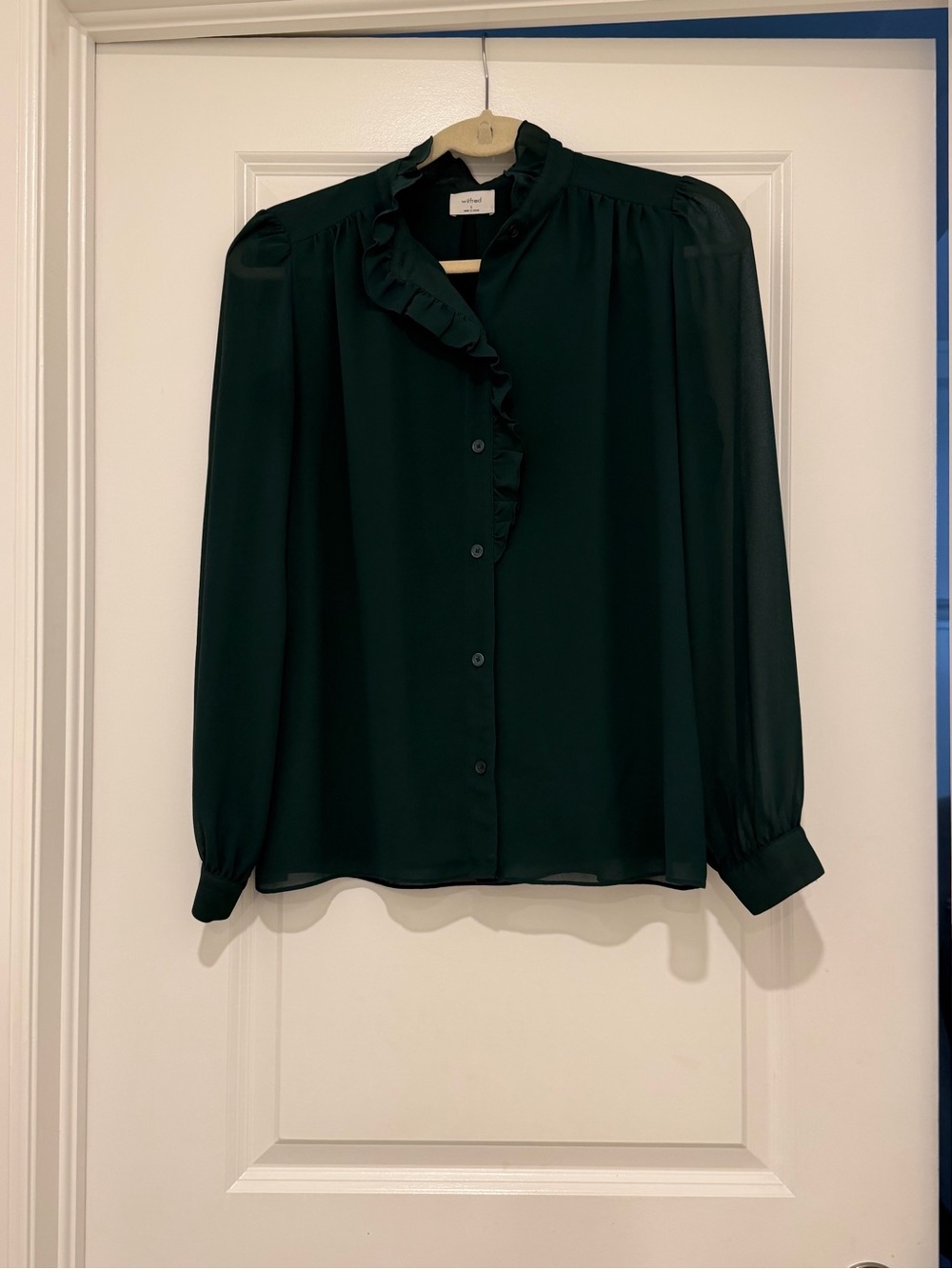 ARITZIA Wilfred Dark Green Ruffle Collar Button-Down Blouse
